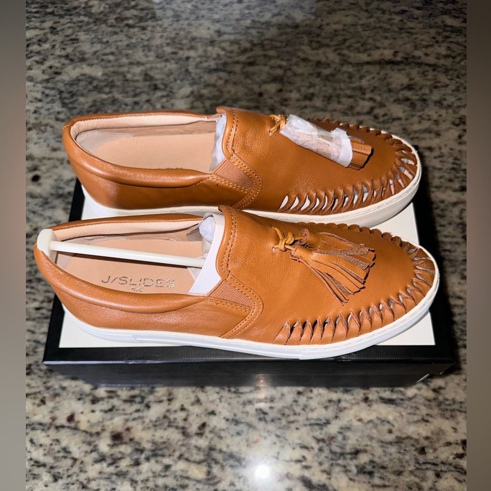 Women’s J Slides Aztec Tan Leather Slip-On Sneakers - Picture 2 of 4